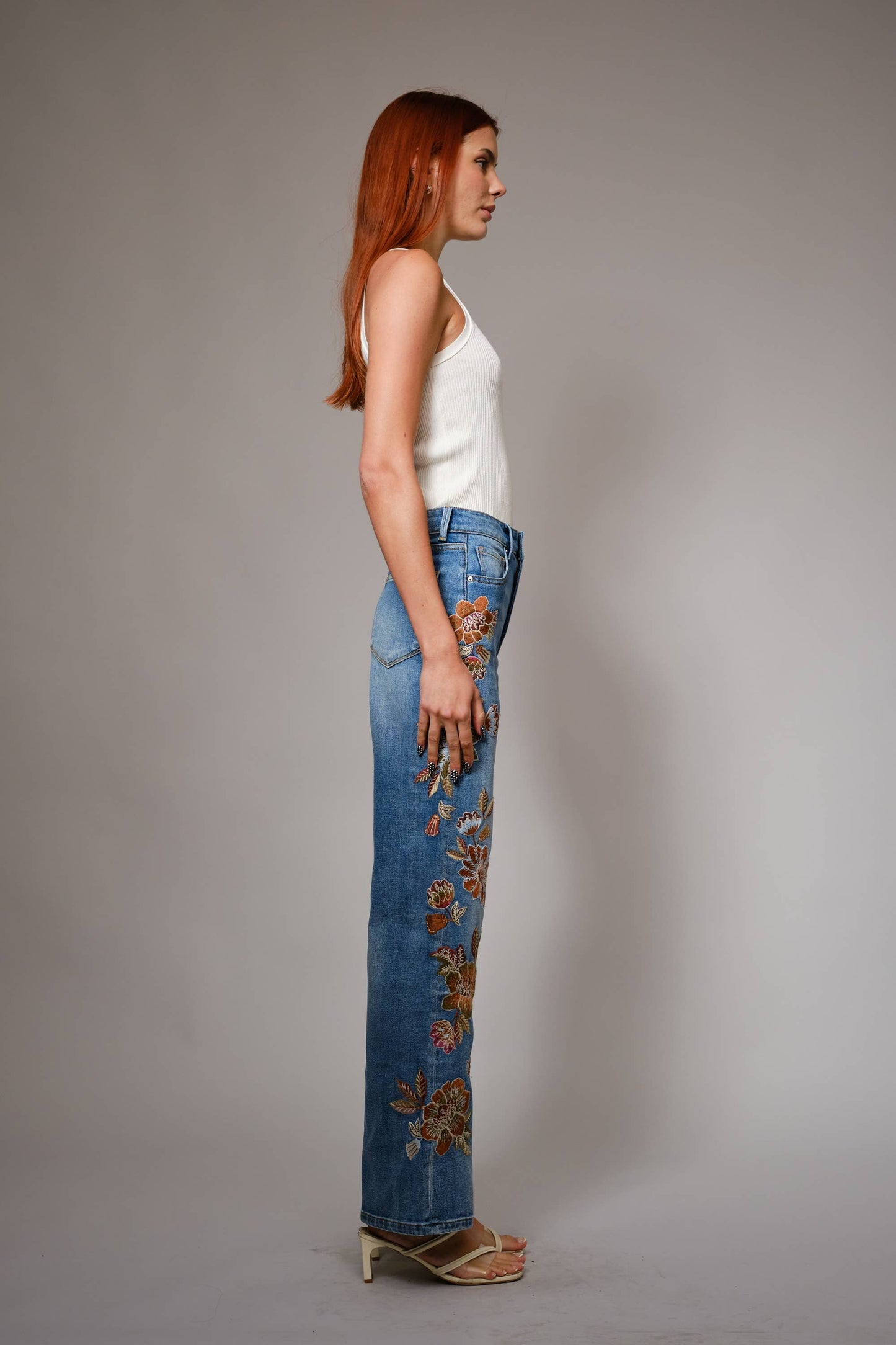91502P - Flower Embroidery High Waist Flare Jean Blue B