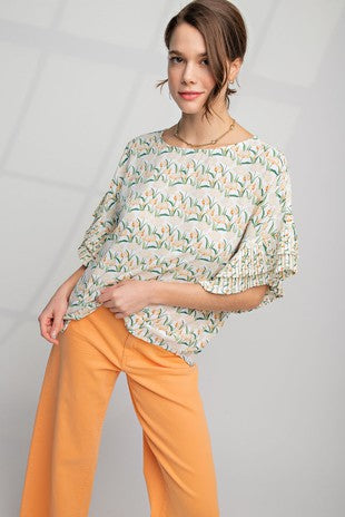 EASEL Pleated Sleeve Floral Printed Woven Boxy Top