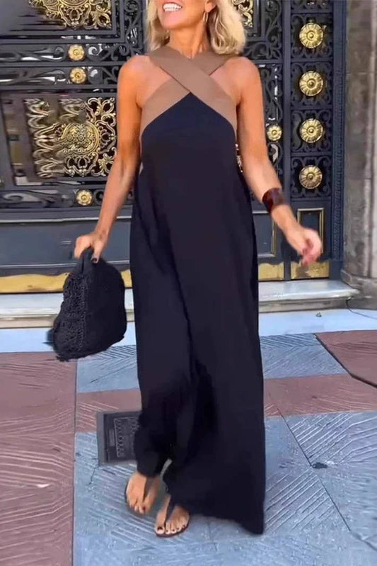 FINAL SALE- Contrast cross halter midi dress a-line sleeveless dress