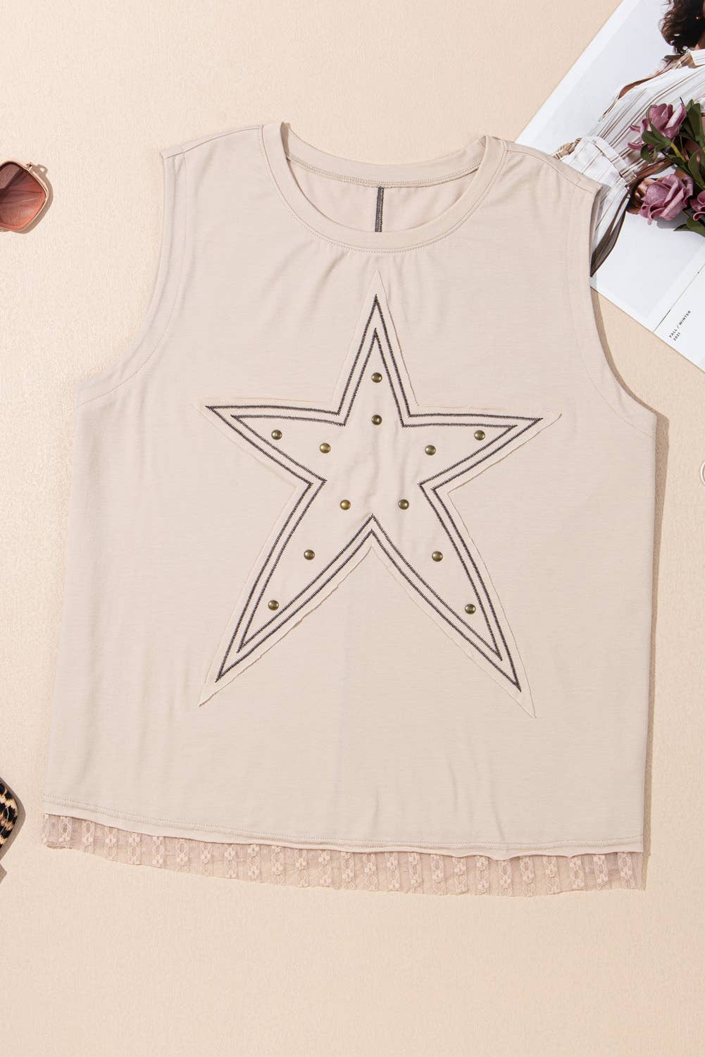 Studded Star Lace Patchwork Hem Plus Size Tank Top