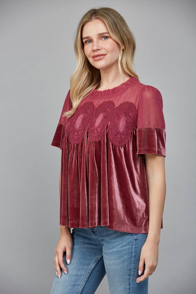 LACE DETAIL VELVET BABYDOLL TOP FATE