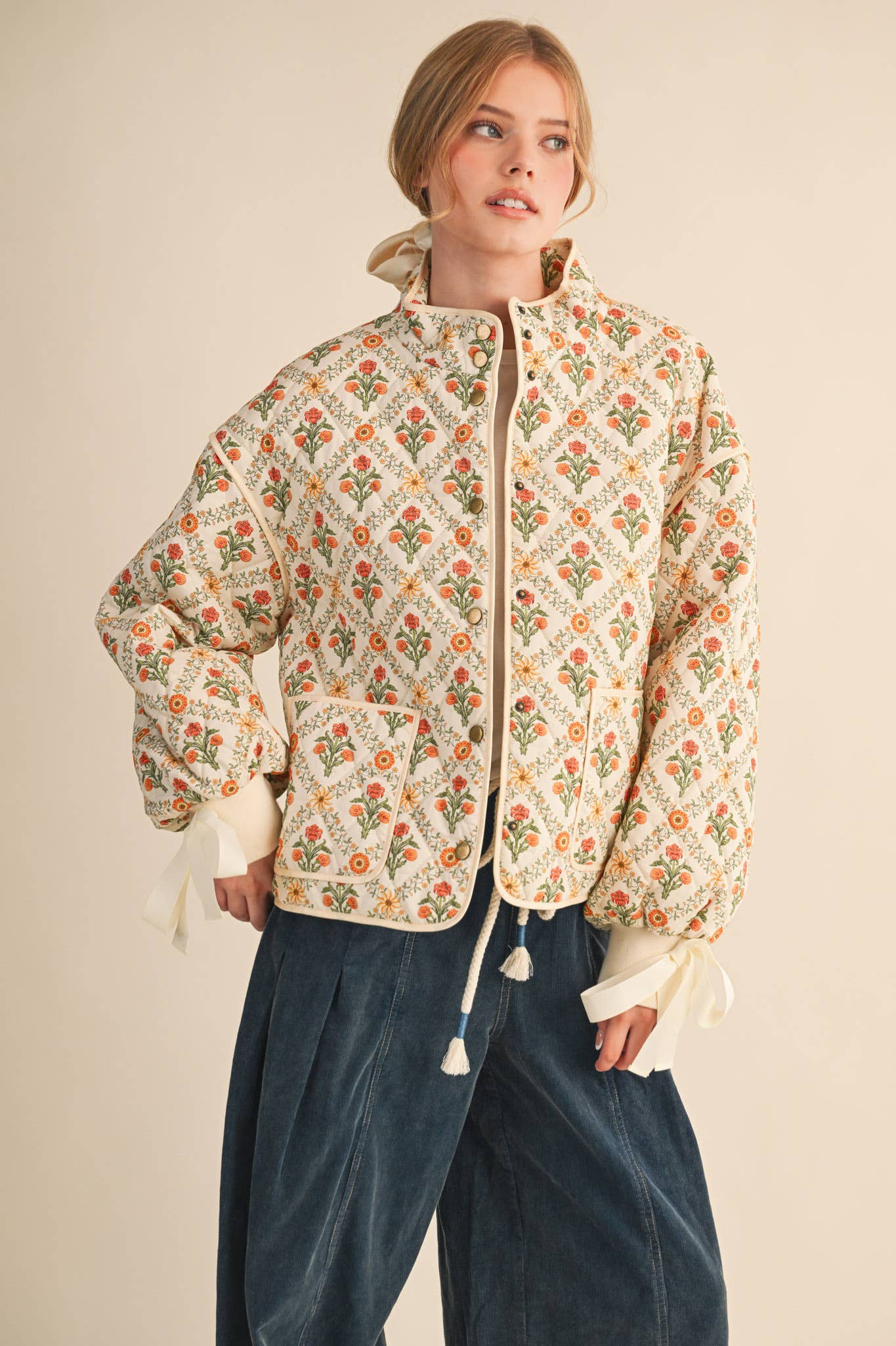 FLORAL QUILTED JACKET WITH RIBBON DETAIL MJK4431 &MERCI