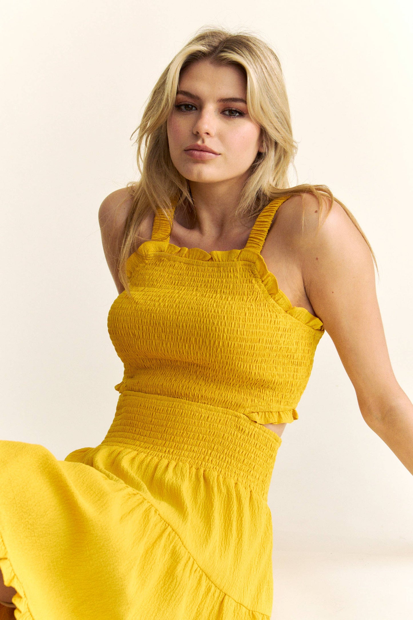 TEXTURED OPEN BACK SMOCKING CUT OUT MINI DRESS
