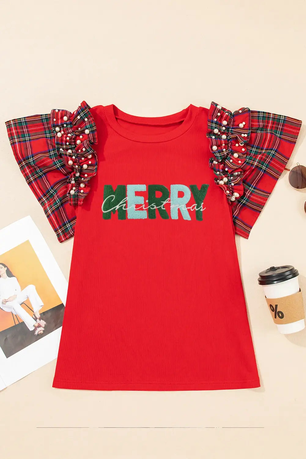 Patched Graphic Pearled Plaid Ruffled Sleeve Patchwork Tee FULL TIME PURCHASE