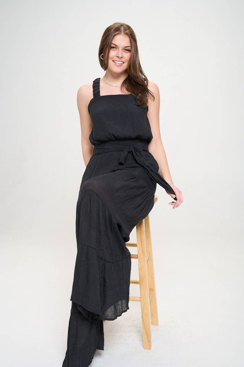 Women's Black ELASTIC STRAP TIERED JUMPSUIT