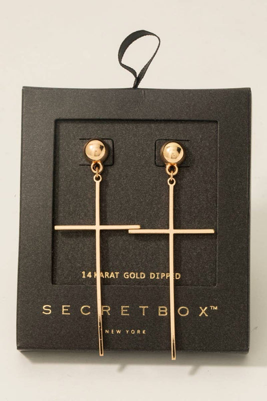 Secret Box Gold Dipped Dainty Cross Dangle Earrings