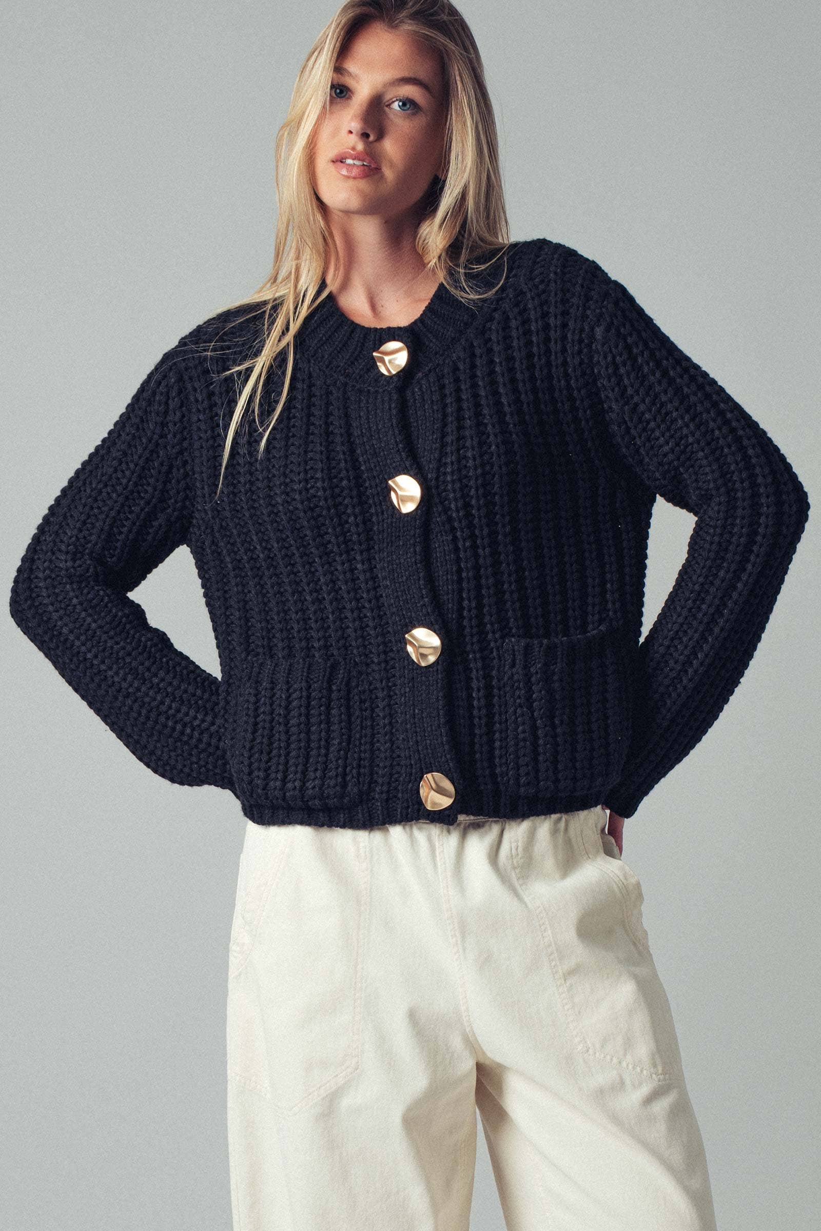 Chunky Gold Button Ribbed Knit Cardigan Urban Daizy