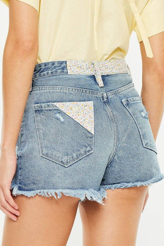 DAISY - HIGH RISE SHORTS MEDIUM WASH RIGID FIVE POCKET STYLE DISTRESSED ZIPPER FLY