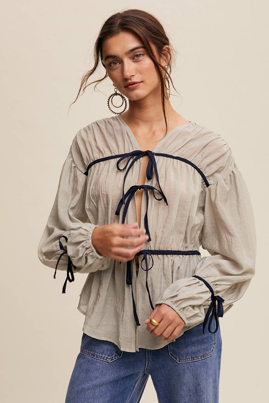 Contrast Trim Ribbon Tie Blouse Listicle