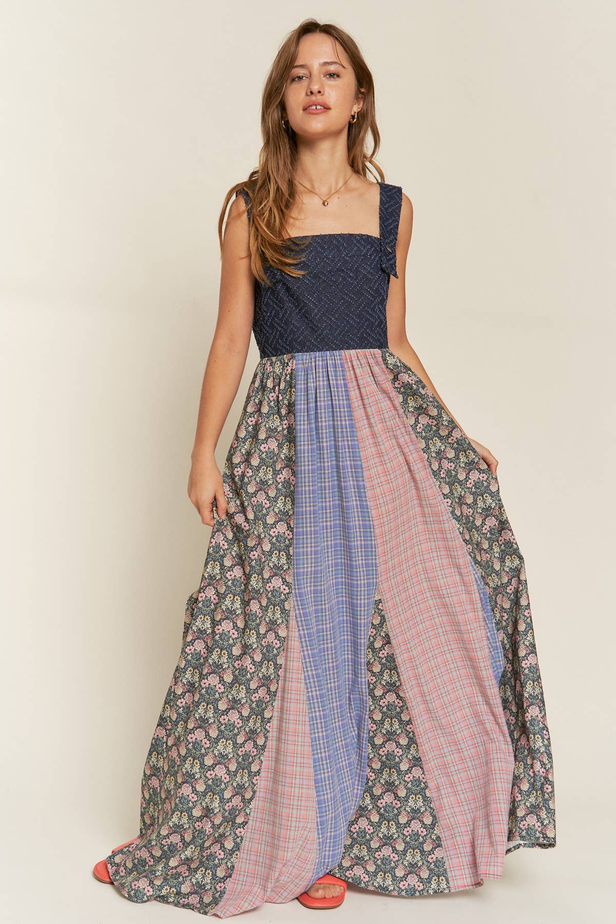 Becky- VINTAGE PLAID/FLORAL & DENIM SUSPENDER MAXI DRESS