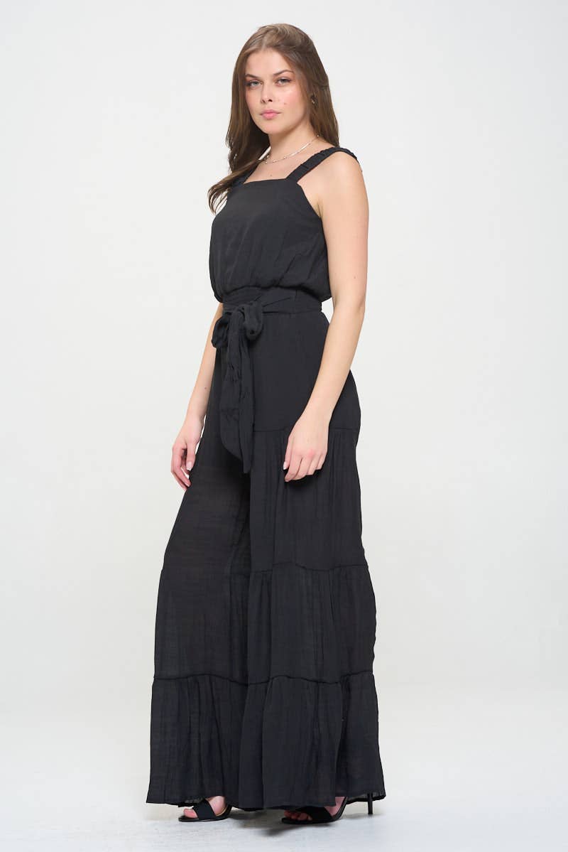 Women's Black ELASTIC STRAP TIERED JUMPSUIT