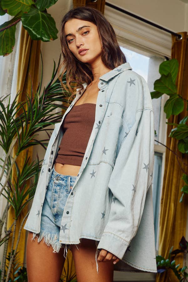 IT1590 Star Print Washed Denim Shirt Jacket Shacket BUCKETLIST