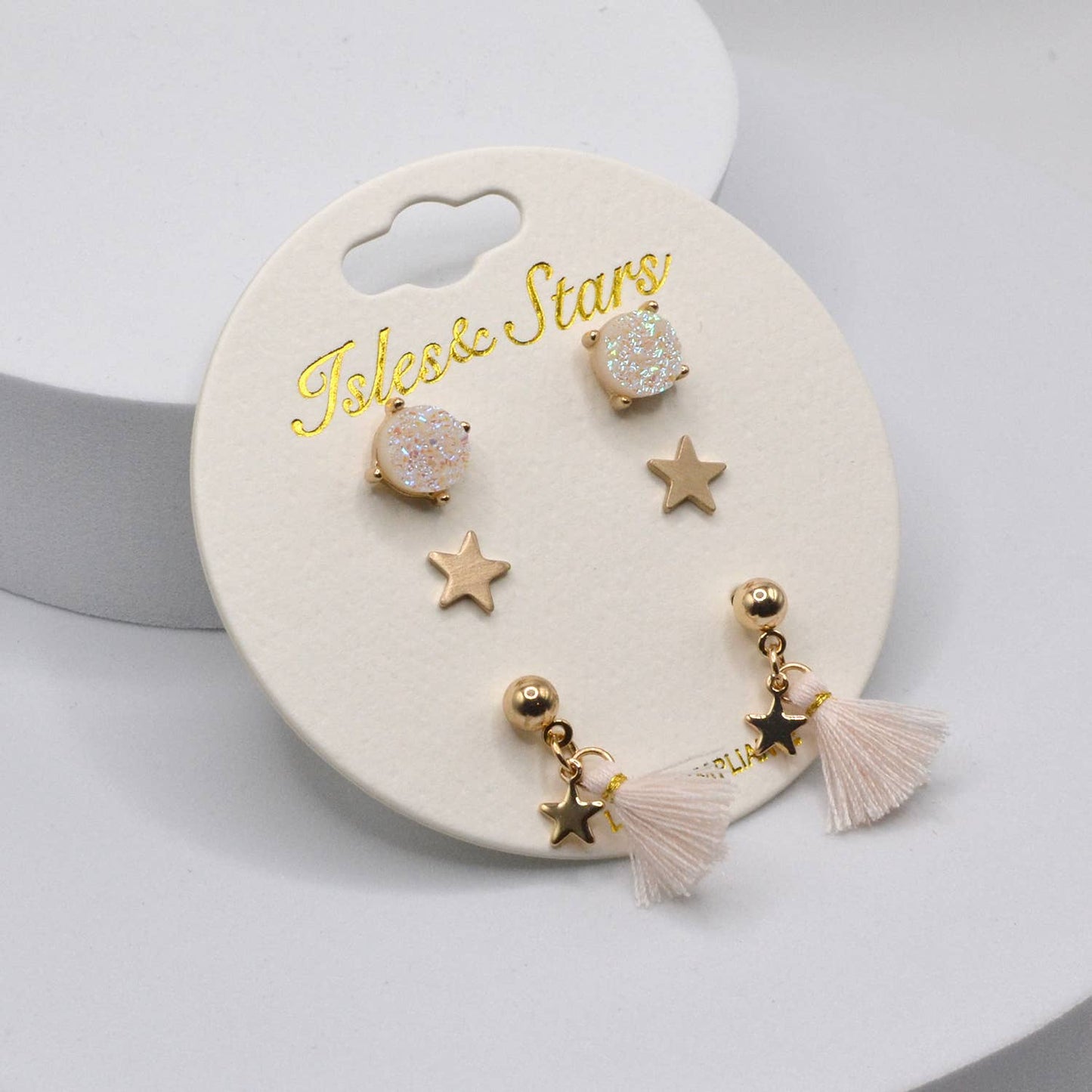 3 Pair Stud Earrings Star Druzy Tassel Multi Pair Post - 926 West