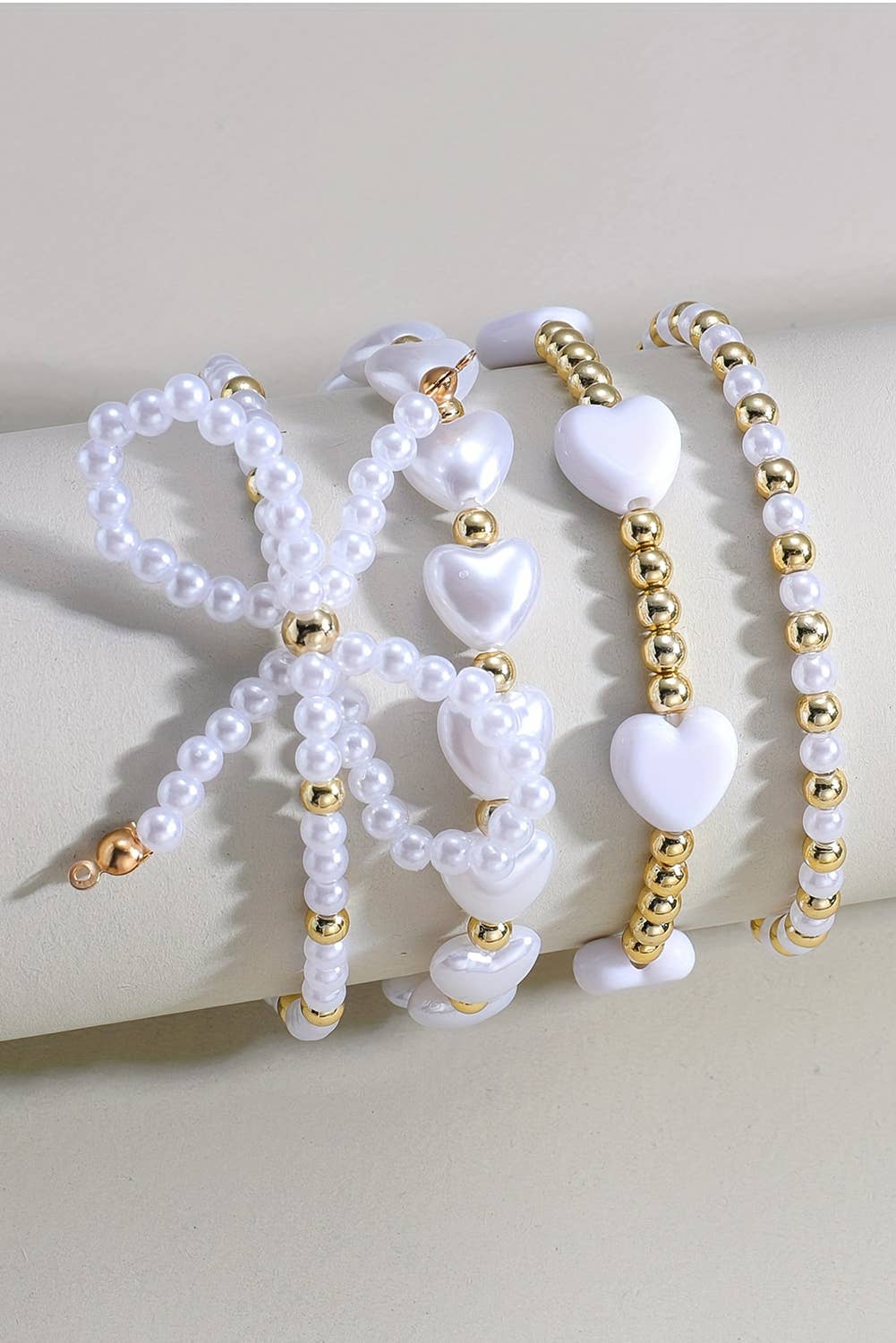 Bow Knot Heart Shape Faux Pearl Beaded Bracelet Set