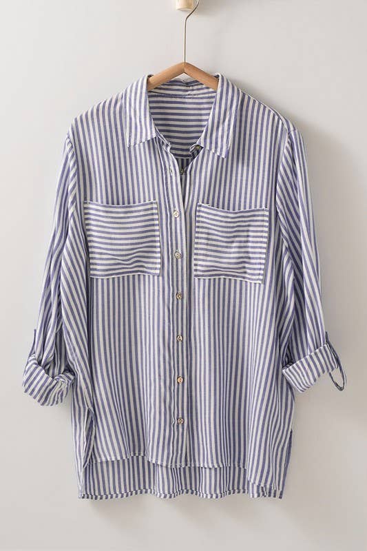 Relaxed Fit Vertical Striped Rayon Button Down Shirt
