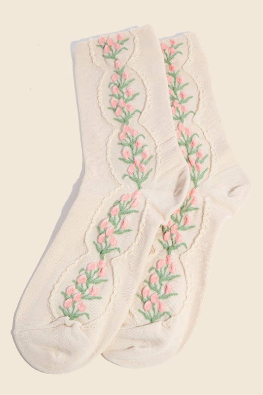 Beige Floral Tulip Vine Embroidered Socks Anarchy Street