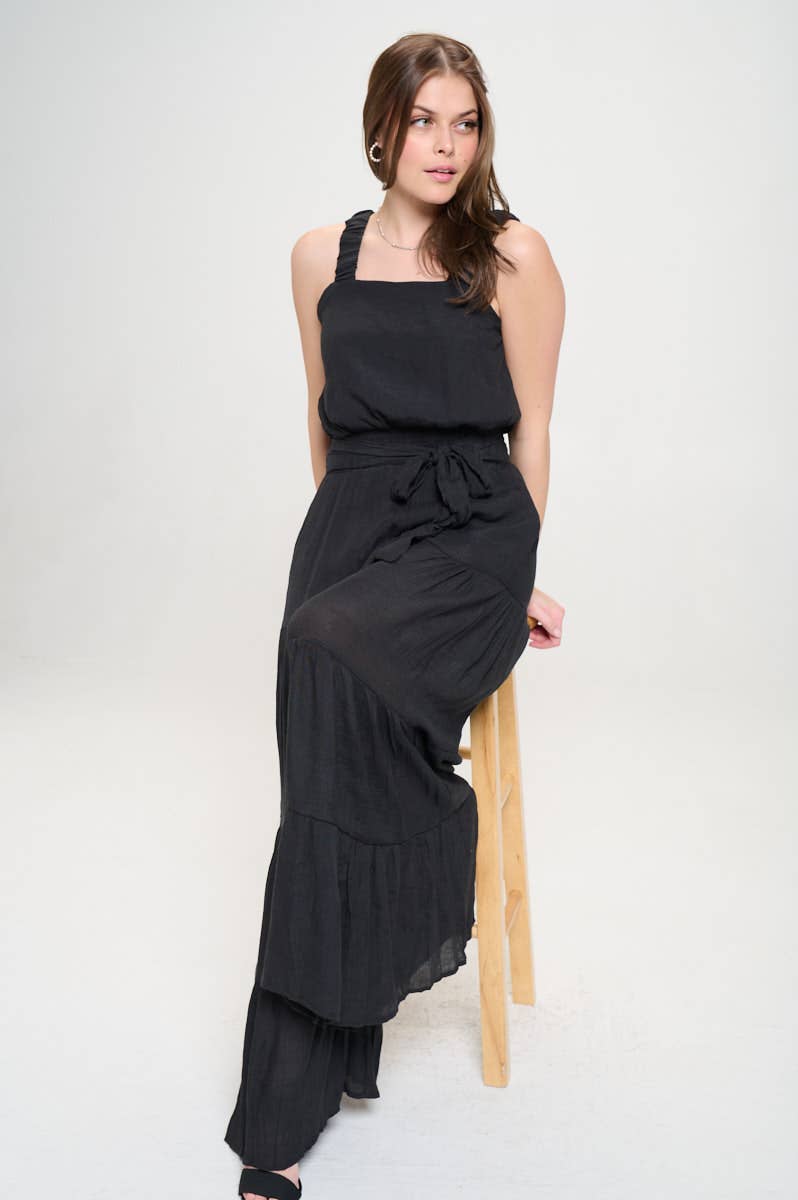 Women's Black ELASTIC STRAP TIERED JUMPSUIT