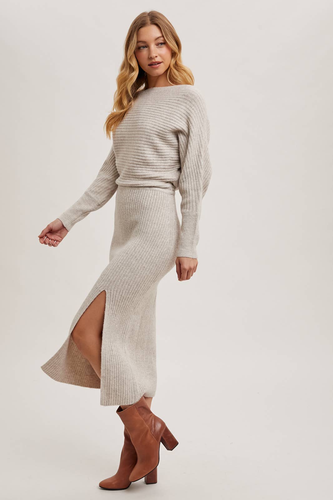 ONE SHOULDER OFF SIDE SLIT MIDI KNIT SWEATER DRESS Bluivy
