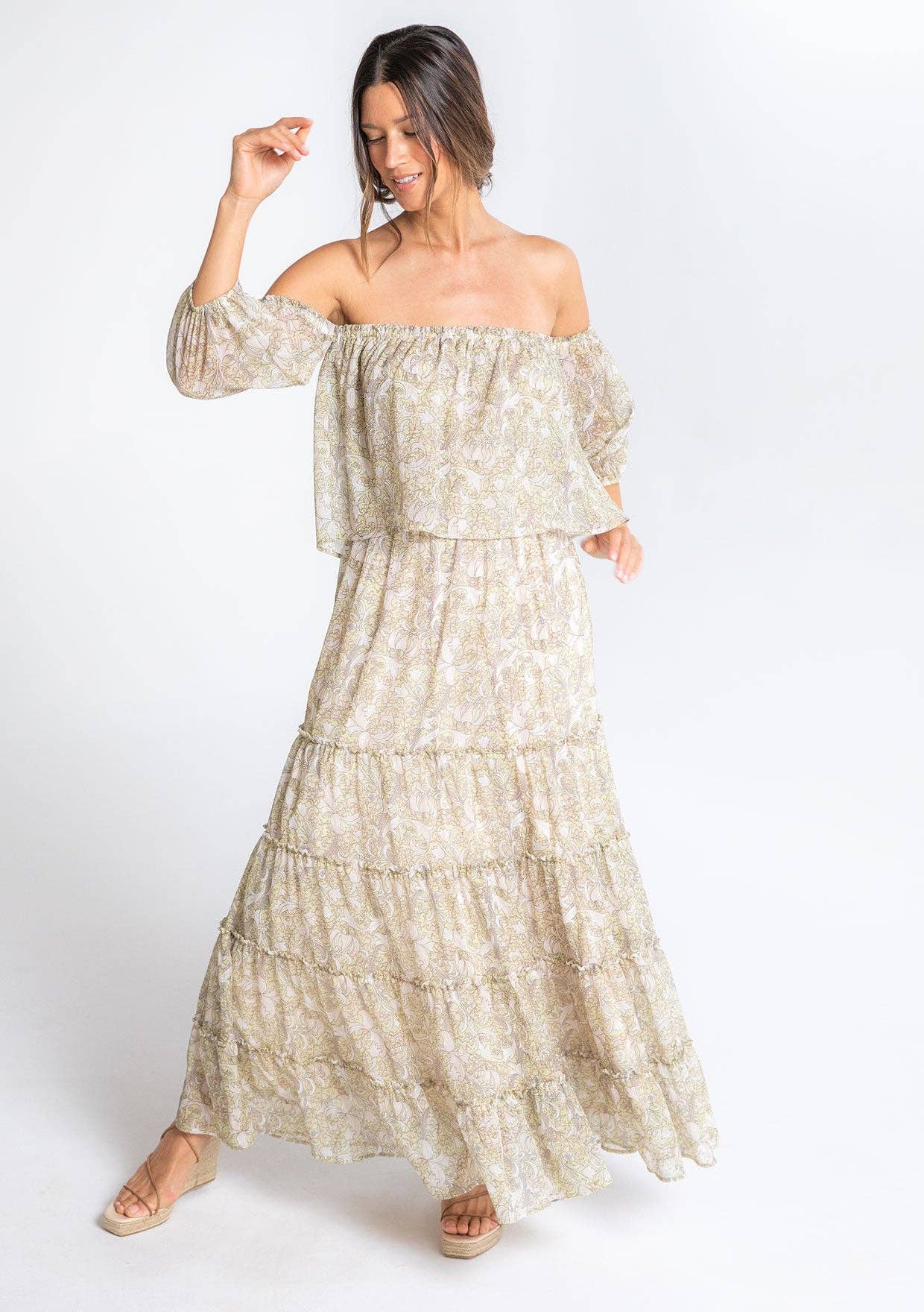 Paisley Off Shoulder Long Sleeve Maxi Dress