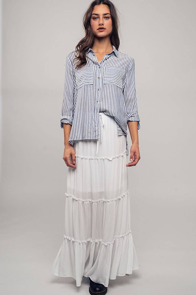 Relaxed Fit Vertical Striped Rayon Button Down Shirt