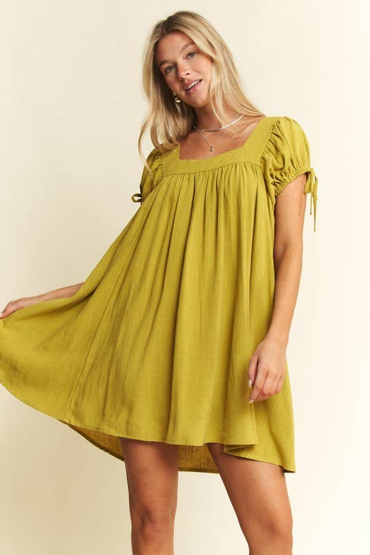 WASHED LINEN BUBBLE SLEEVE DRESS