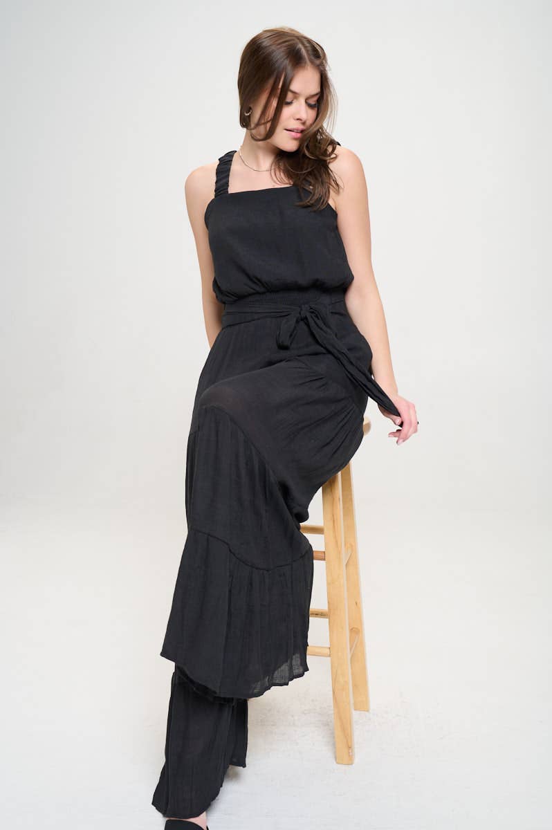 Women's Black ELASTIC STRAP TIERED JUMPSUIT