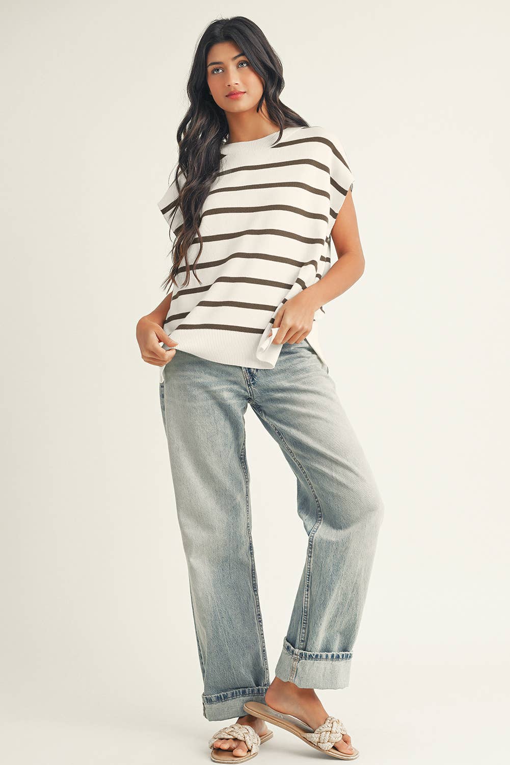 LDC Stripe Side Slits Crewneck Short Sleeve Sweater Tee