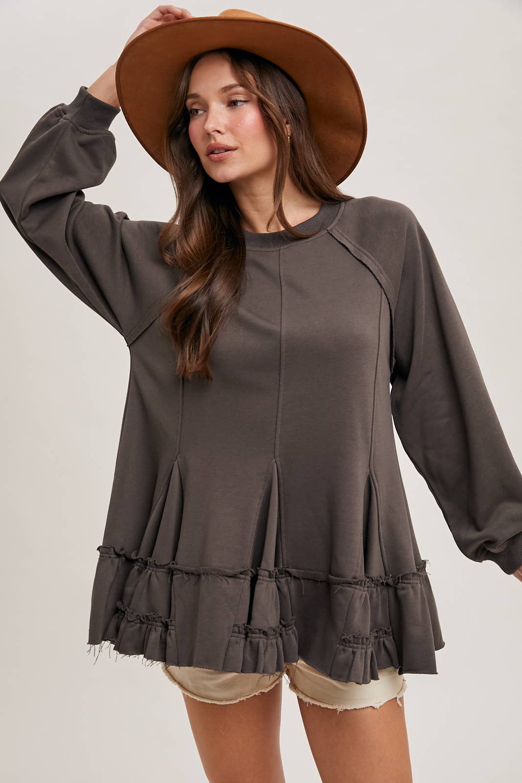 FRENCH TERRY RUFFLED TIERED HEM TUNIC SWEATSHIRT Bluivy