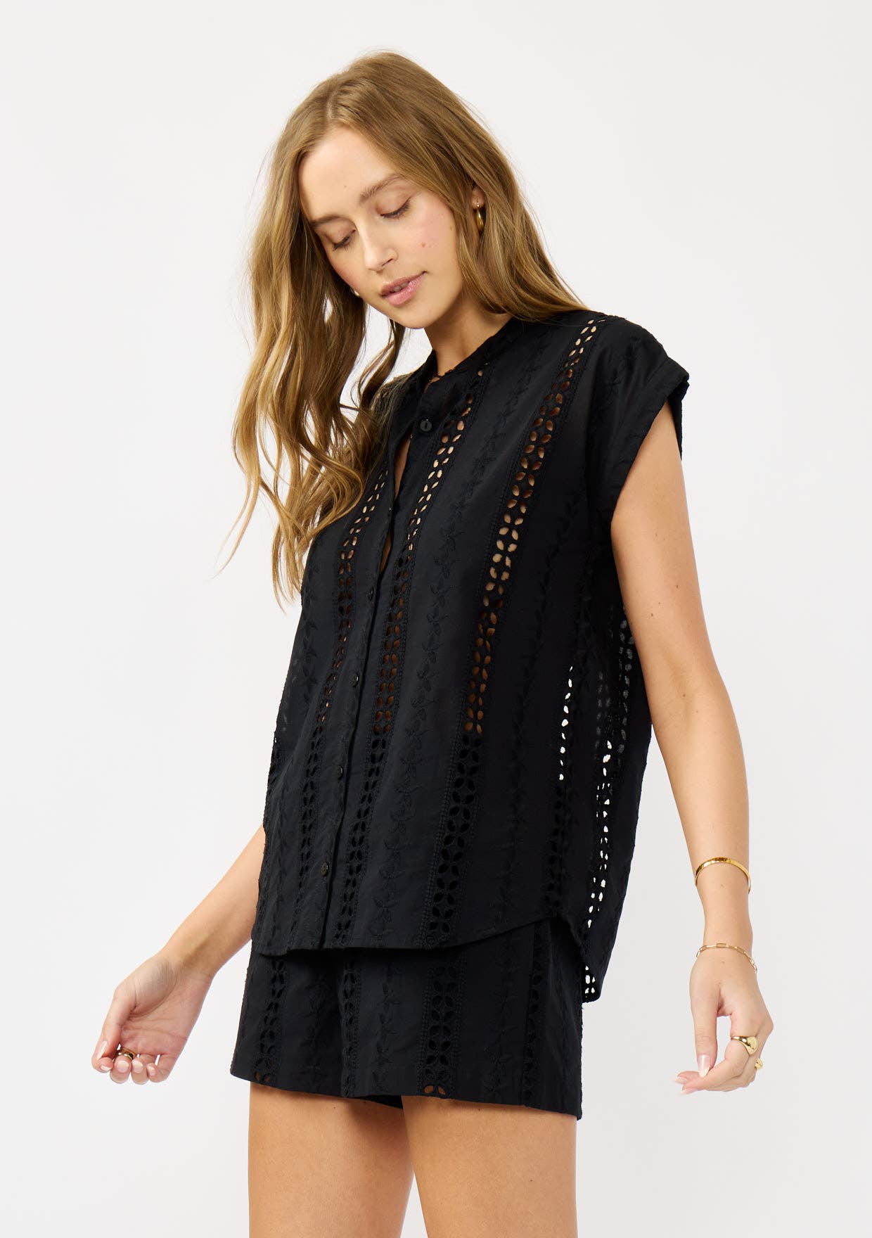 Floral Eyelet Mandarin Collar Camp Shirt