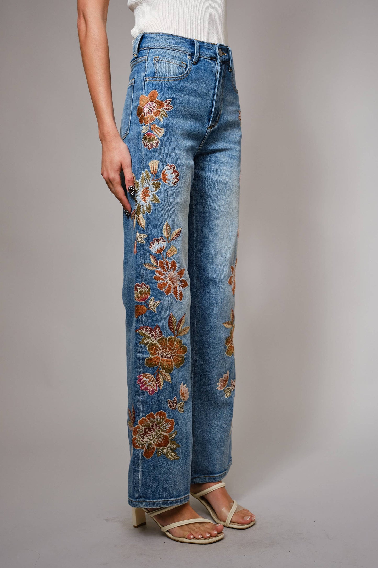 91502P - Flower Embroidery High Waist Flare Jean Blue B