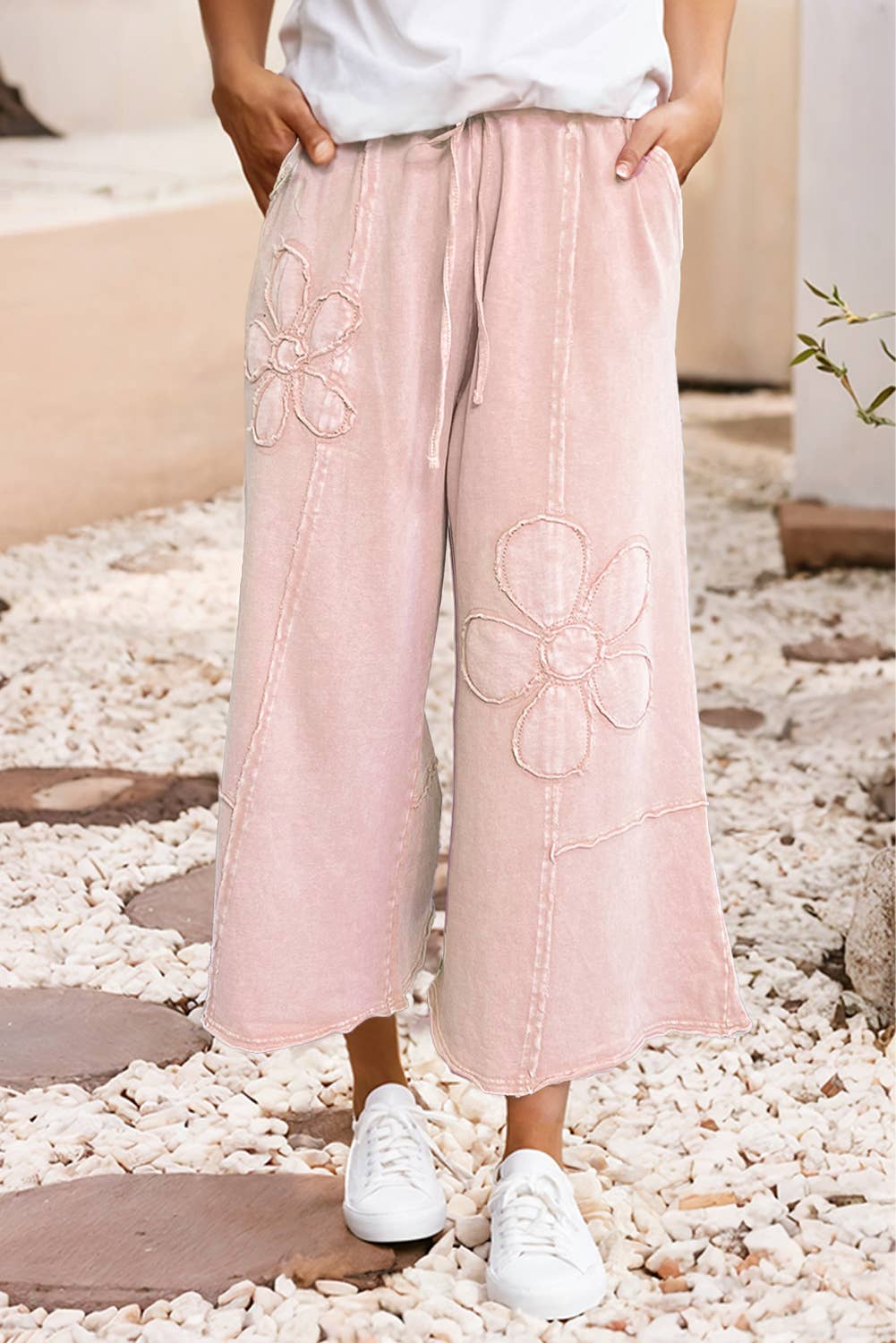 LDC Floral Patch Mineral Washed Terry Knit Cropped Pants Little Daisy Closet