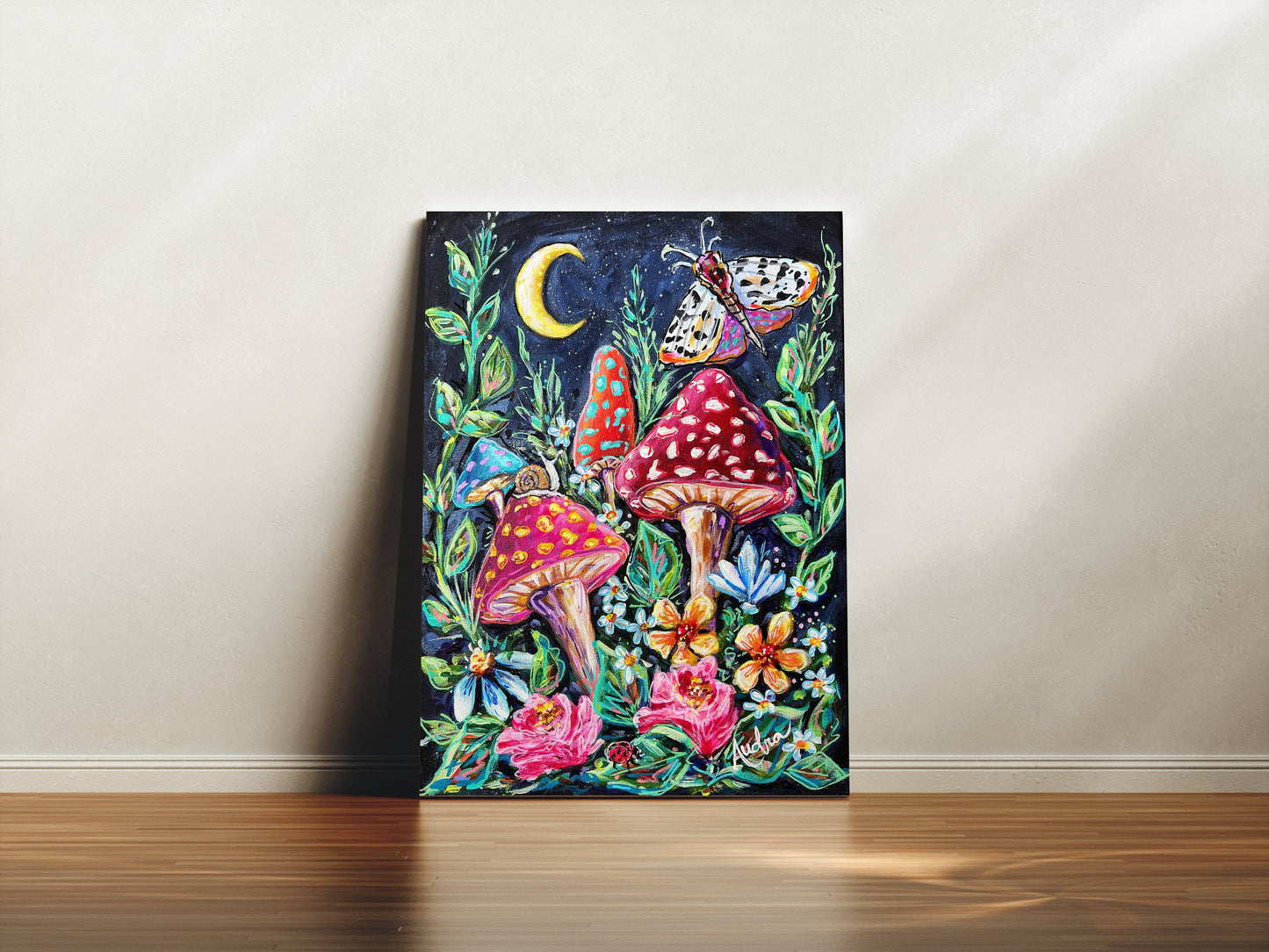 Mushroom Moth Moon Gallery Wrapped Canvas - Fall Nature Art Painting Audra Style