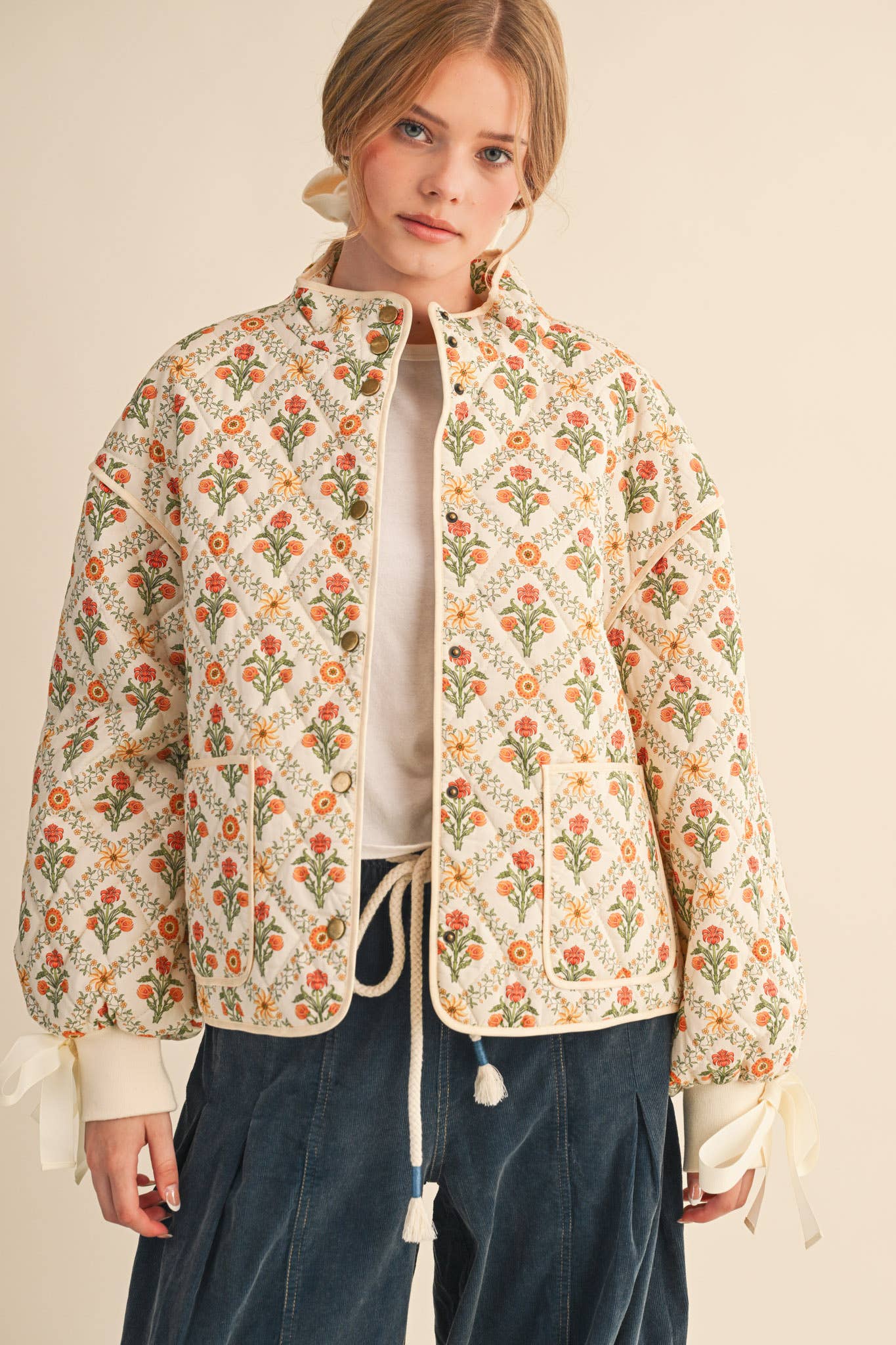 FLORAL QUILTED JACKET WITH RIBBON DETAIL MJK4431 &MERCI
