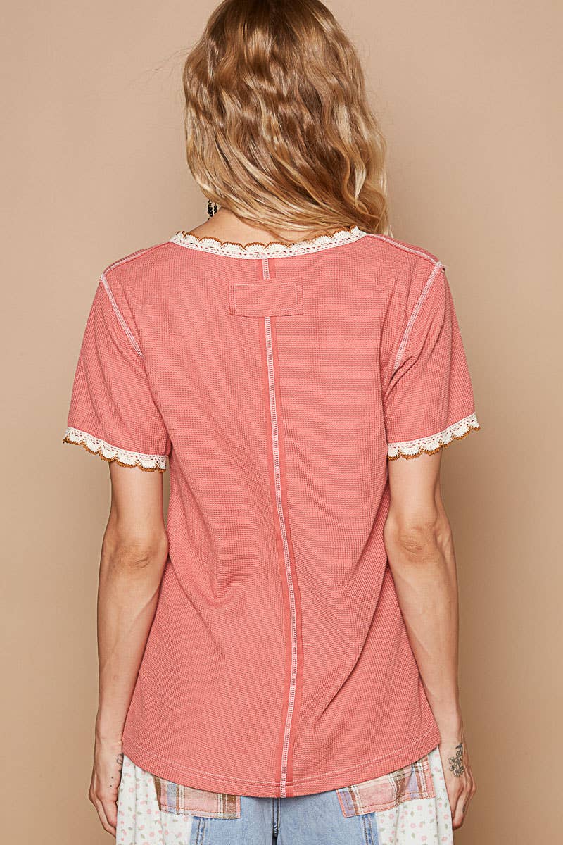 Colored trim v-neck short sleeve solid basic knit top