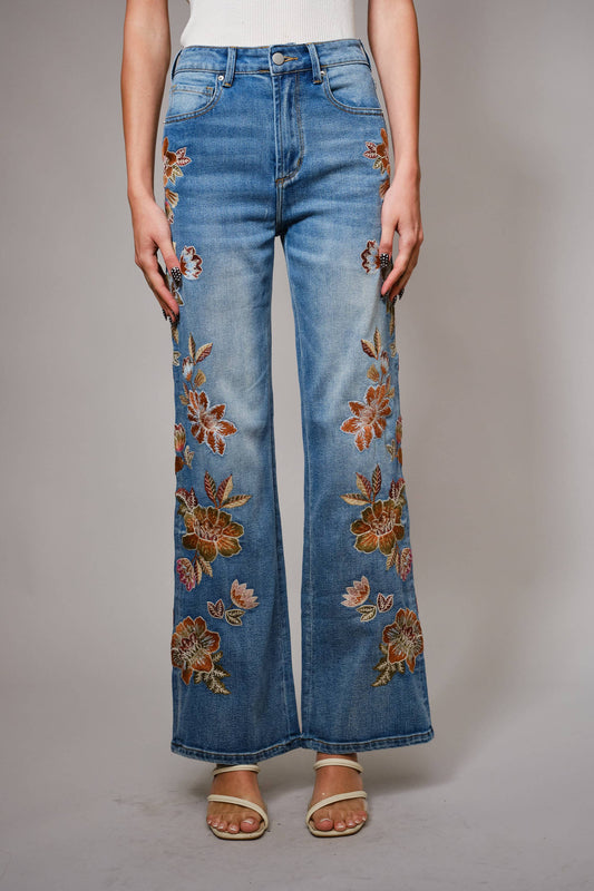 91502P - Flower Embroidery High Waist Flare Jean Blue B
