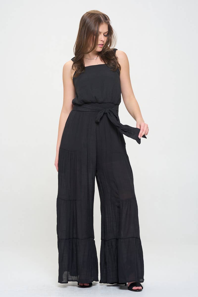 Women's Black ELASTIC STRAP TIERED JUMPSUIT