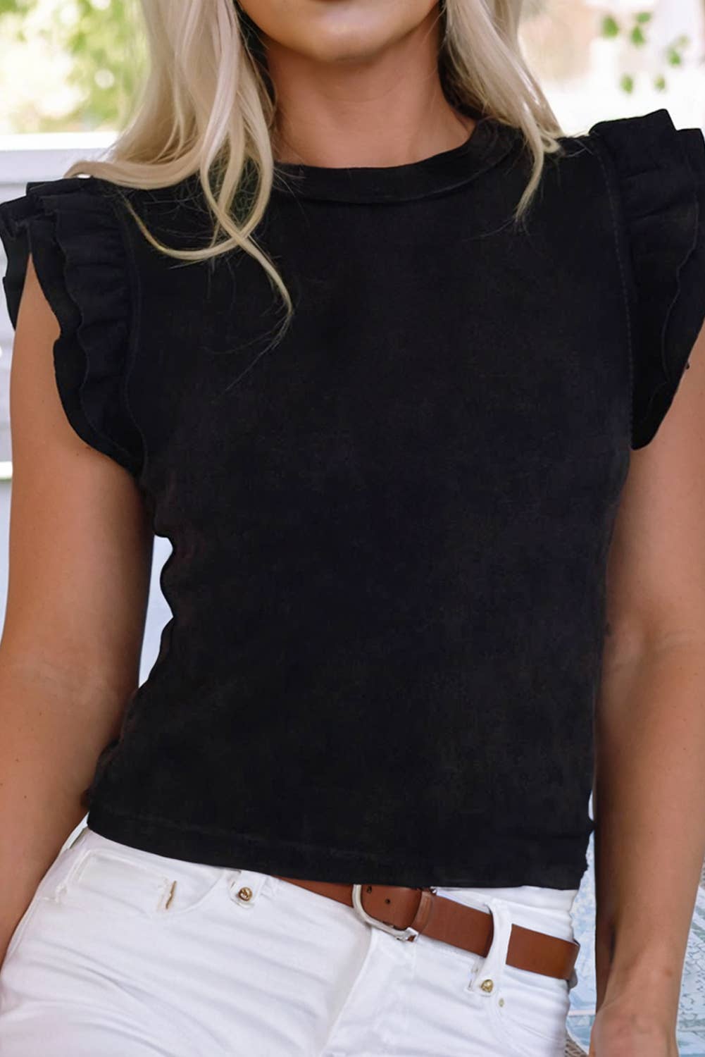 Ruffled Crew Neck Slim Fit Top