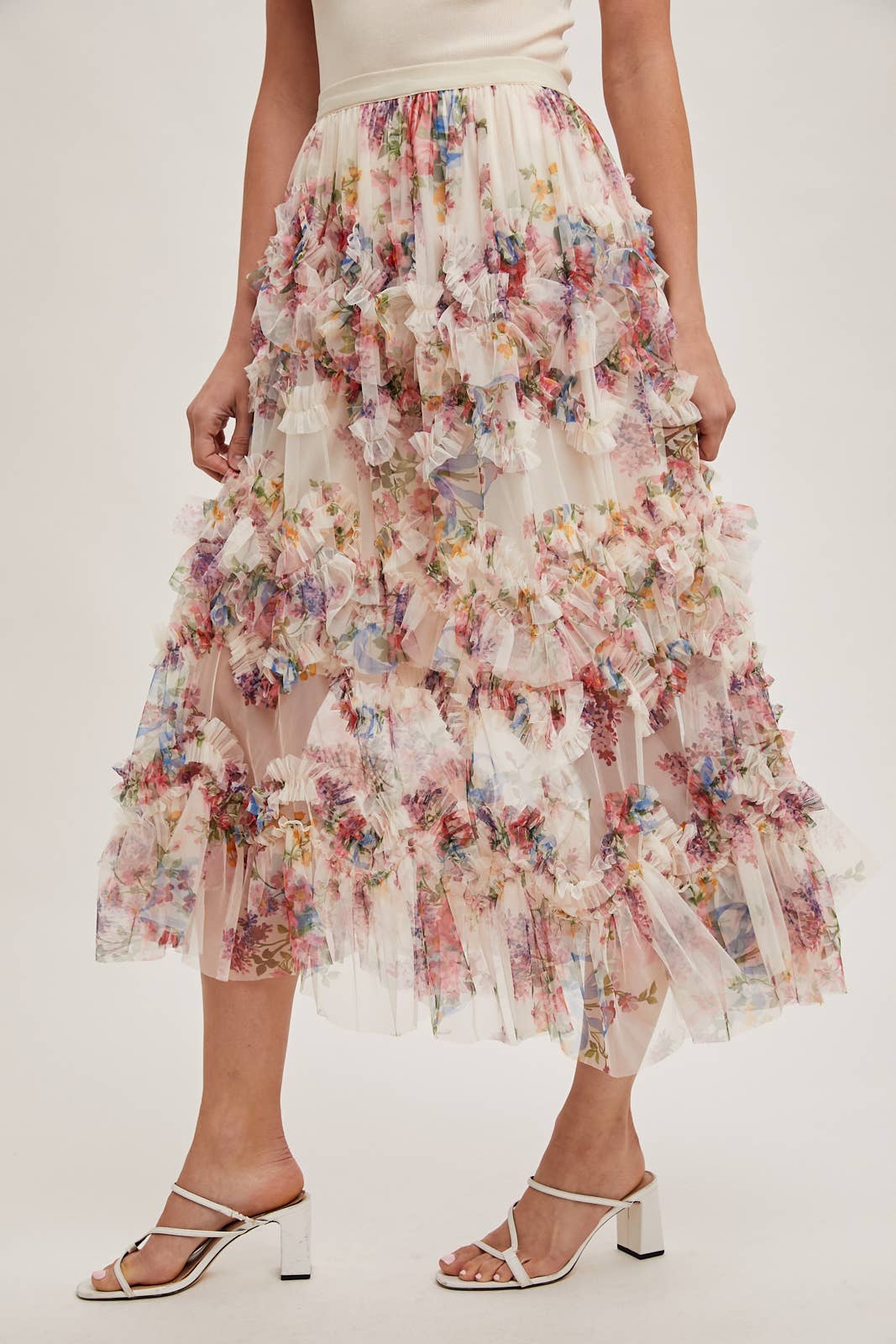 FLORAL RUFFLED MESH MIDI SKIRT