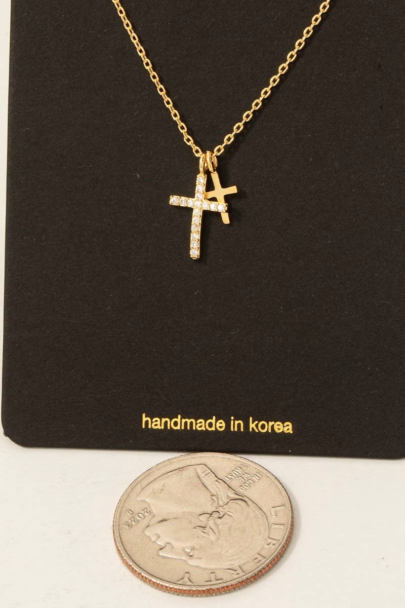 Cz Pave Double Cross Pendant Necklace Fame Accessories