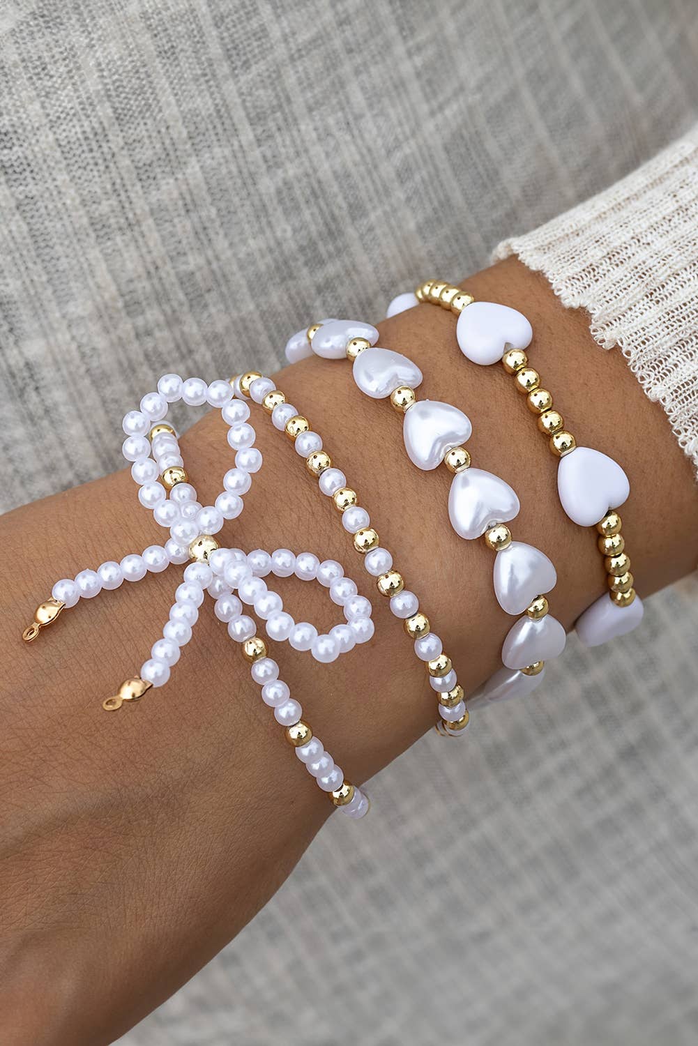 Bow Knot Heart Shape Faux Pearl Beaded Bracelet Set
