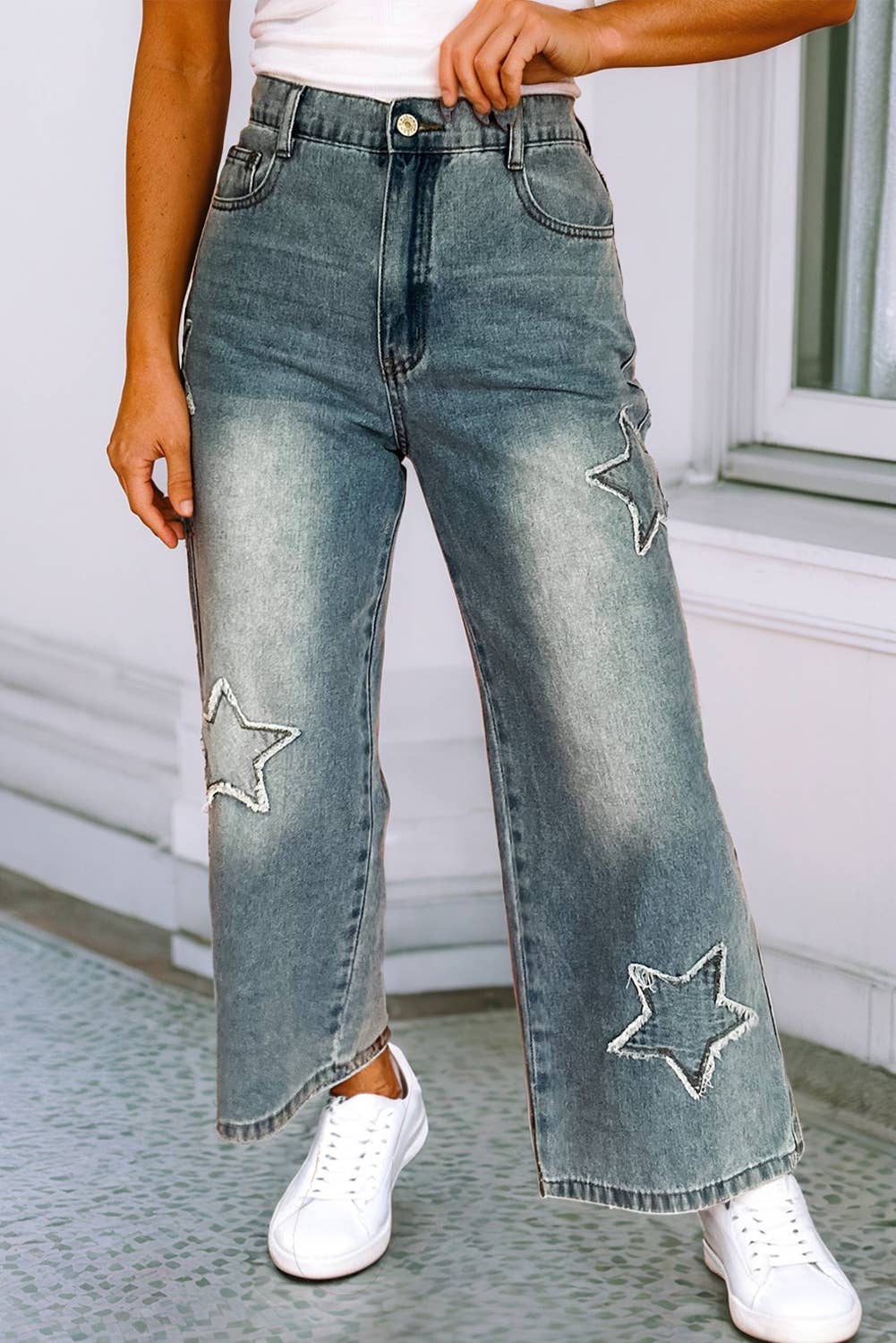 LDC Star Patchwork Light Wash Wide Leg High Waist Jeans Little Daisy Closet