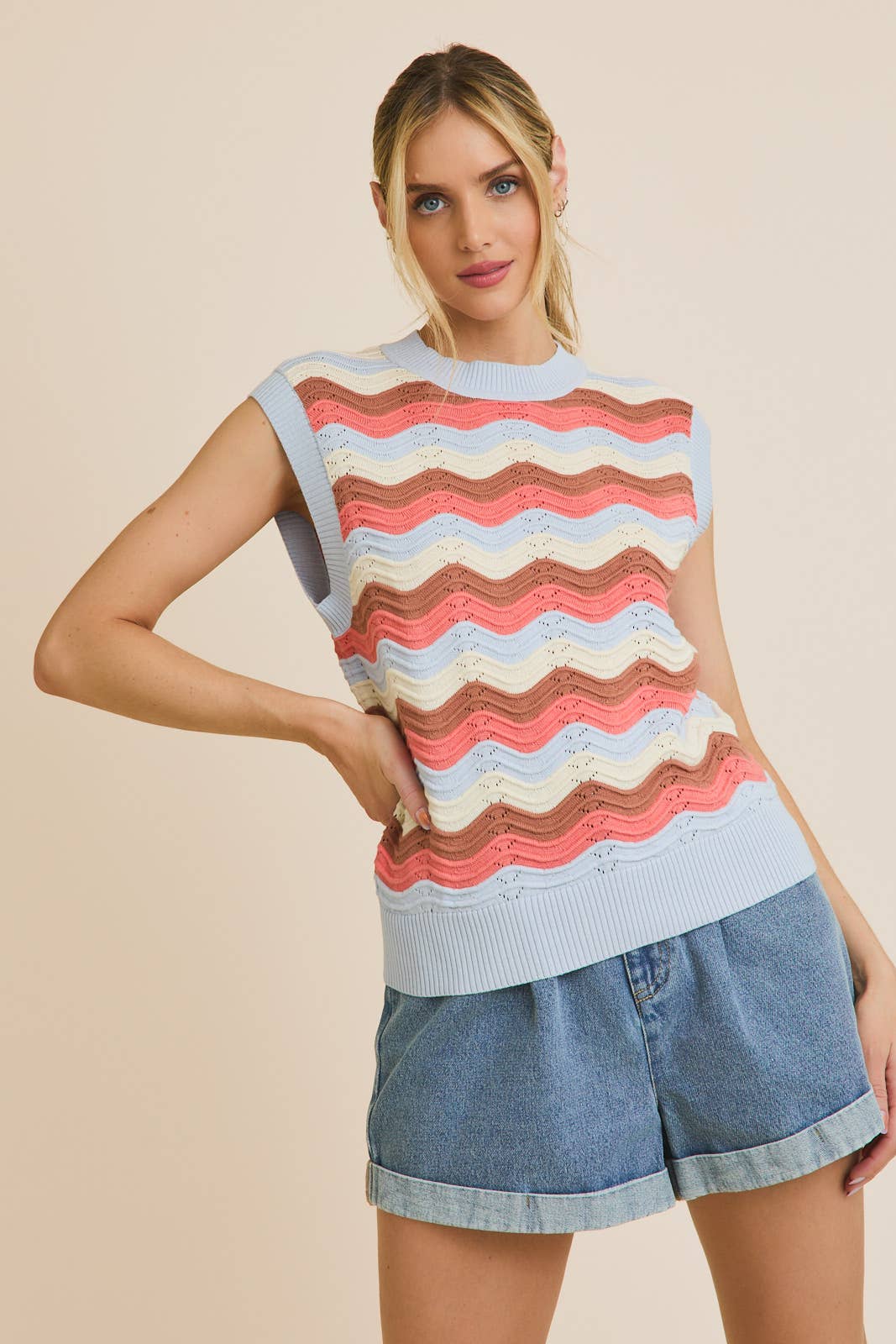 MOCK NECK SLEEVELESS WAVE STRIPE CROCHET KNIT TOP GILLI