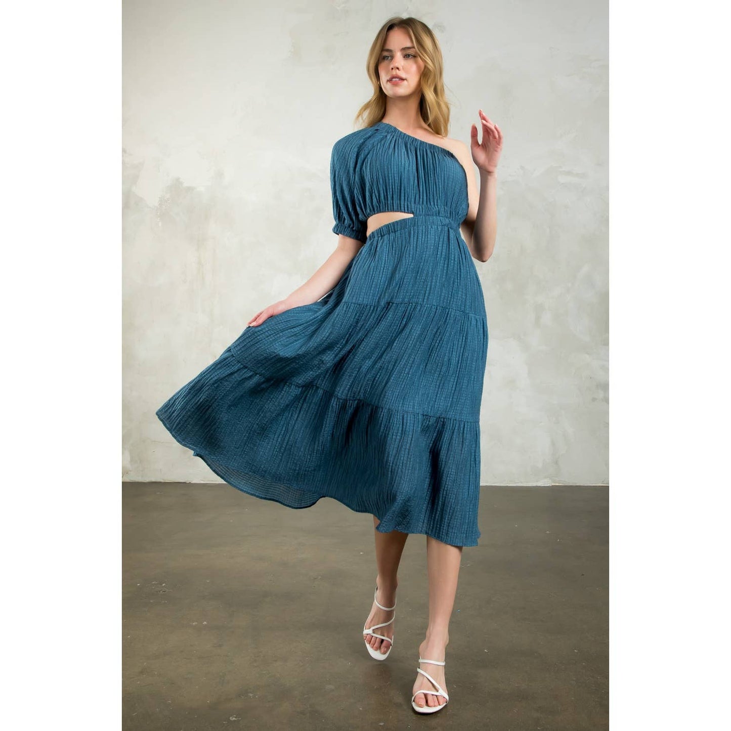 Women's One Shoulder Puff Sleeve Textured Dress