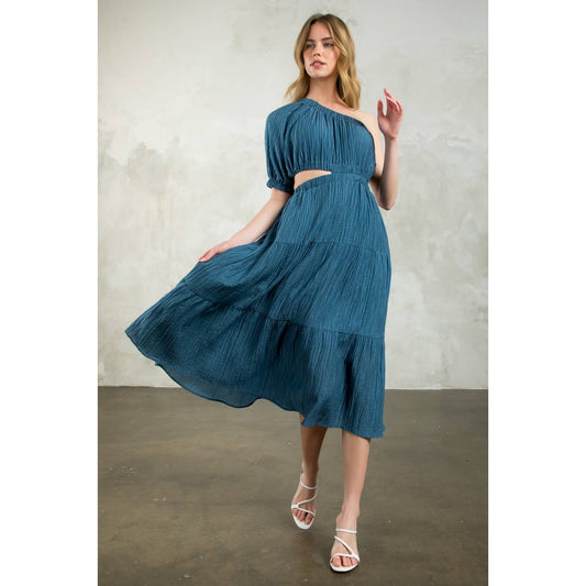 Women's One Shoulder Puff Sleeve Textured Dress