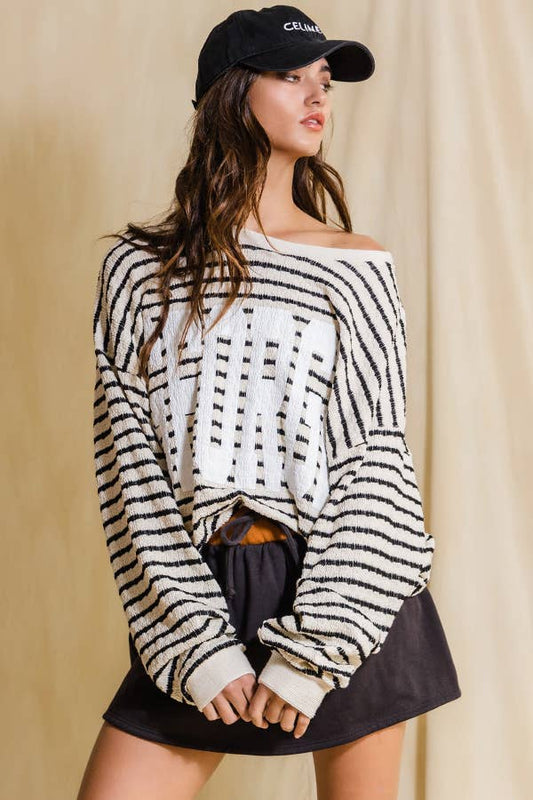 T1770-2B  'GEORGIA' Graphic Textured Stripe Sweatshirt Top BUCKETLIST