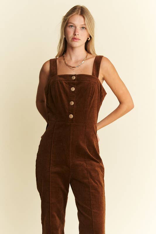 DAWN - PLUS SIZE BUTTON DOWN CORDUROY FLARED JUMPSUIT ZIPPERED BACK