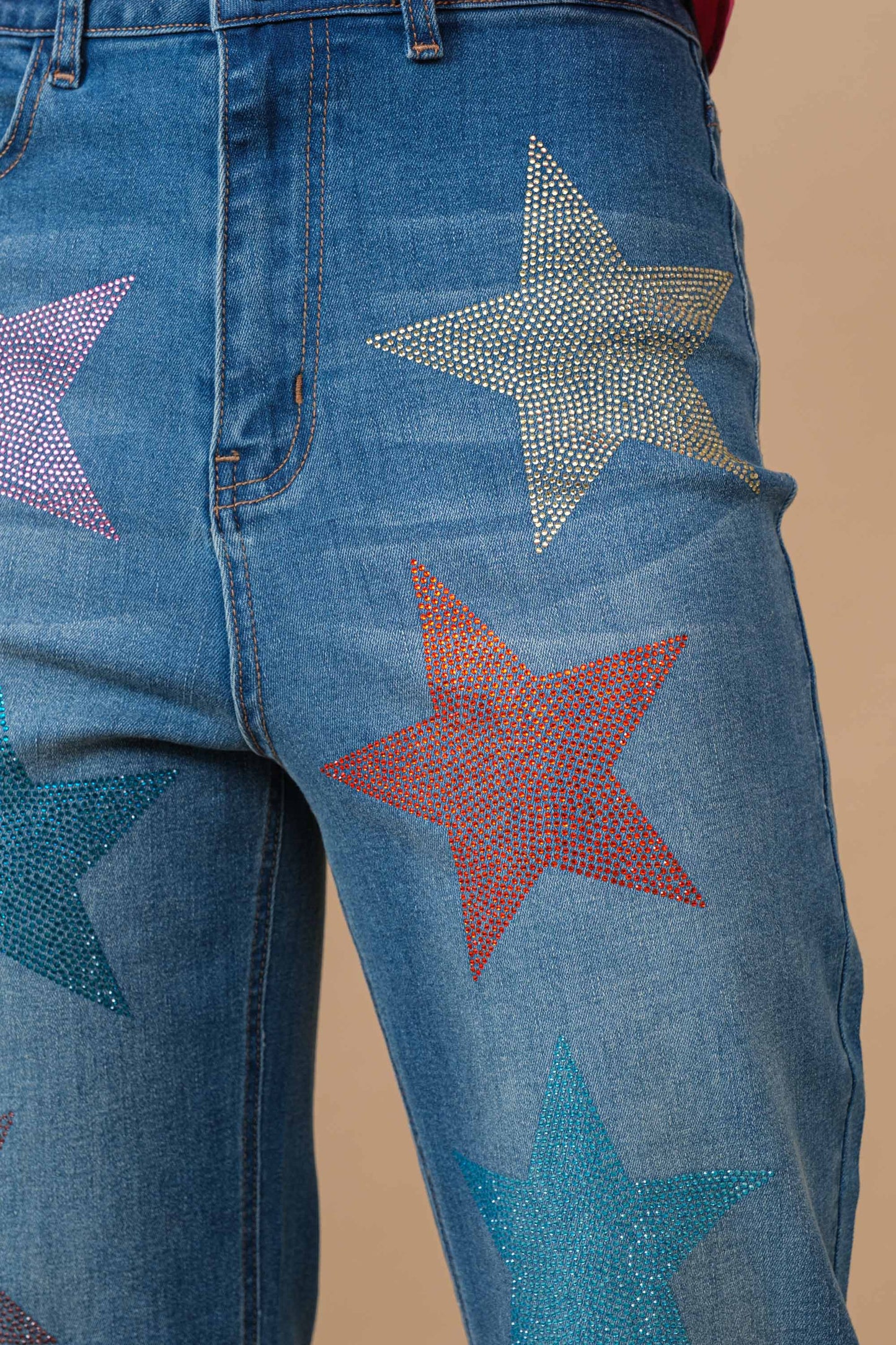 Star Rhinestone Embellishment Straight Leg Jeans Blue B