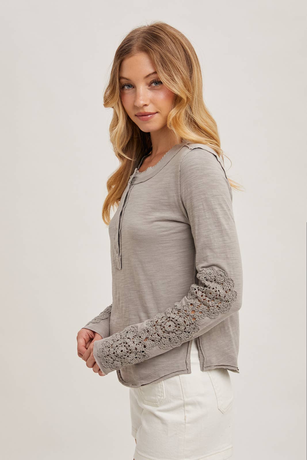 CROCHET PATCH SLEEVED HALF BUTTON ROUND NECK TOP Bluivy