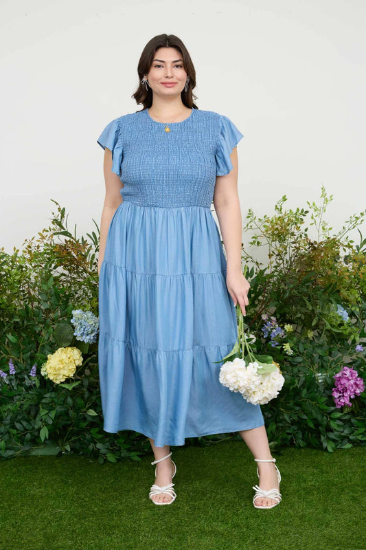 PLUS CHAMBRAY SMOCKED TIERED MIDI DRESS