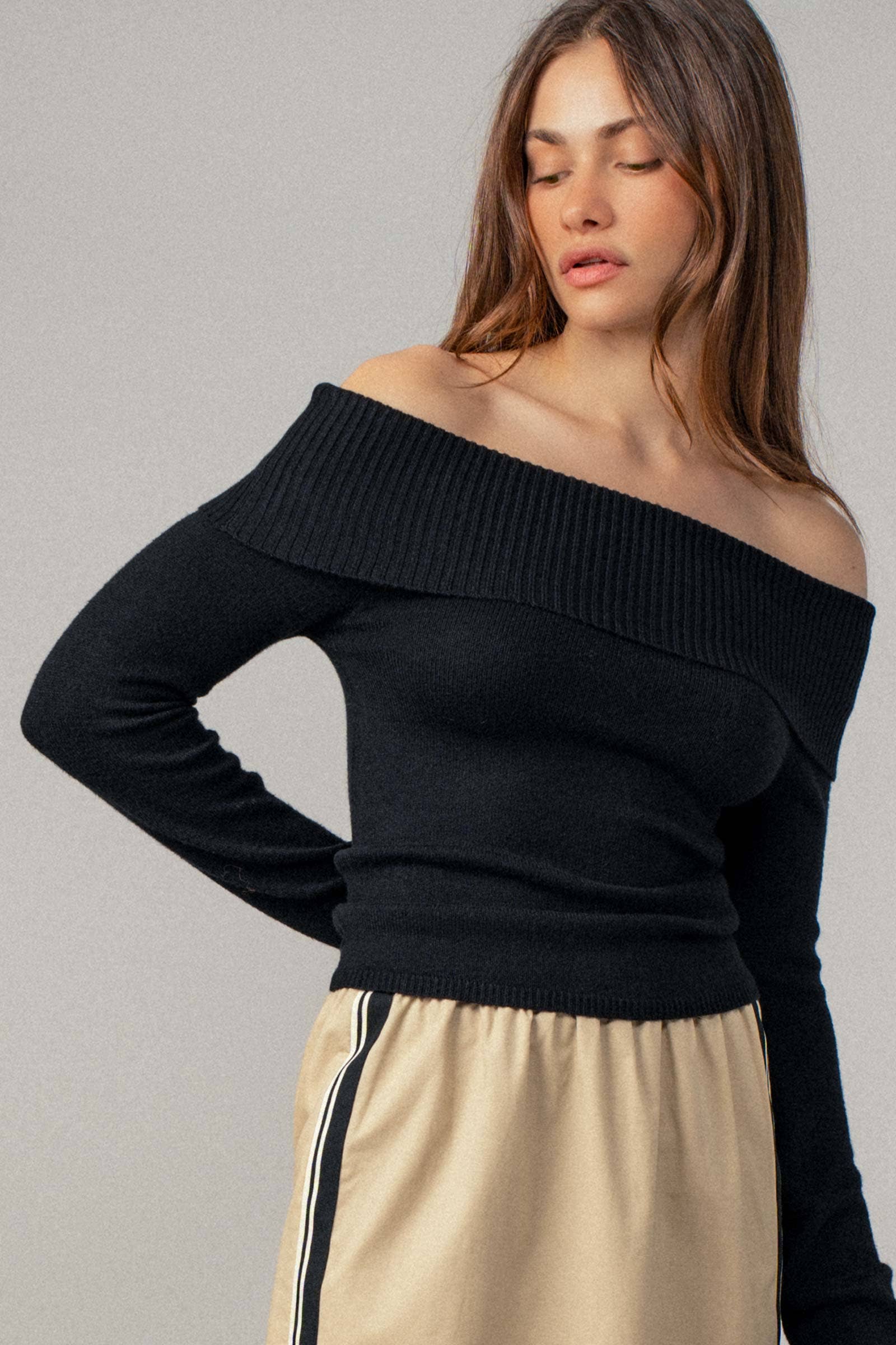 Ribbed Off-Shoulder Long Sleeve Sweater Urban Daizy